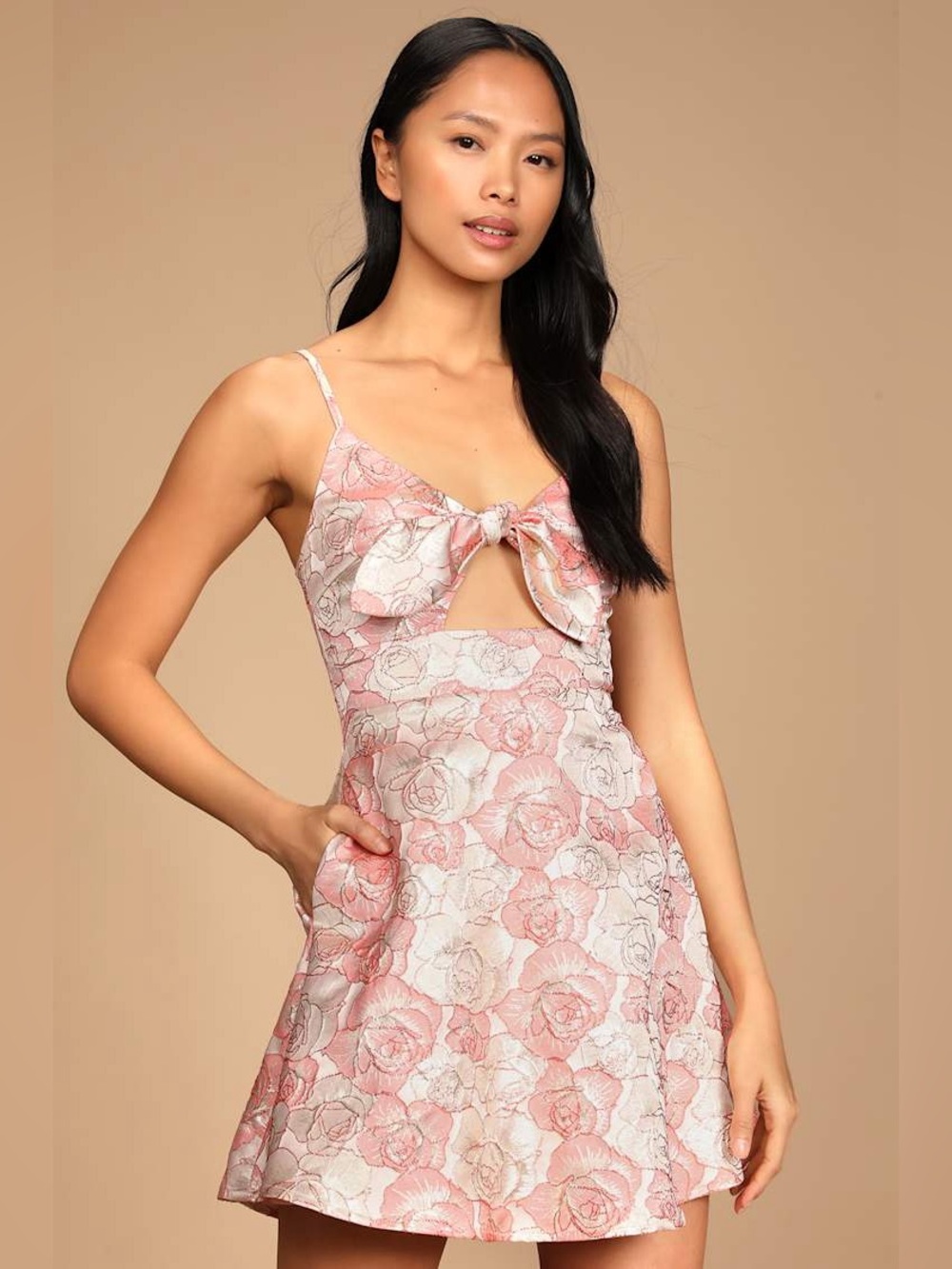 Lulus Quick to Love Pink Floral Jacquard Tie-Front Dress With Pockets NWT